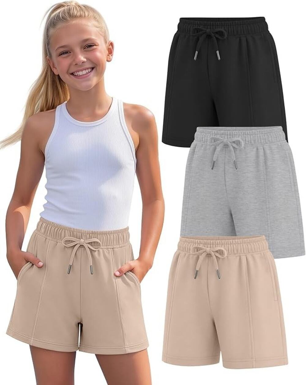 LessonZoo Girls Shorts 3 Pack Black Gray Khaki Elastic Waist Pockets New